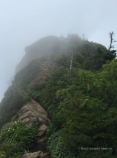 Rocky back of the Ichizuchi san summit in the clouds.