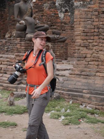 Claire versus monkey in Lopburi, Thailand