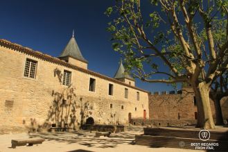 Empty ourtyard of the medieval Carcassonne Castle with a tree, sun, shadow and blue skies.