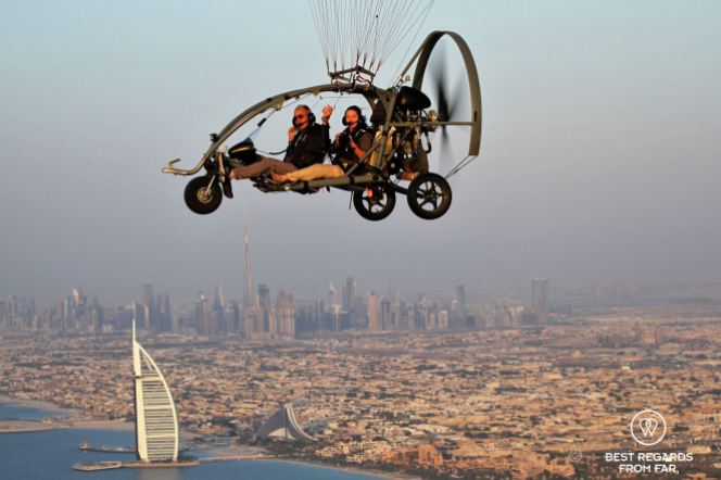 Paramotoring over Dubai with Burj-Al-Arab and Burj-Khalifa, UAE