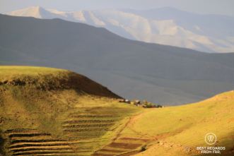 A remote village in Lesotho at the col of a mountain.