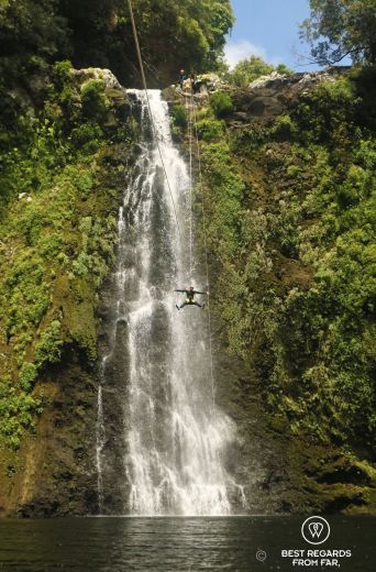 The epic 35 meter abseil/zipline of the Sainte Suzanne Canyon, the Reunion Island