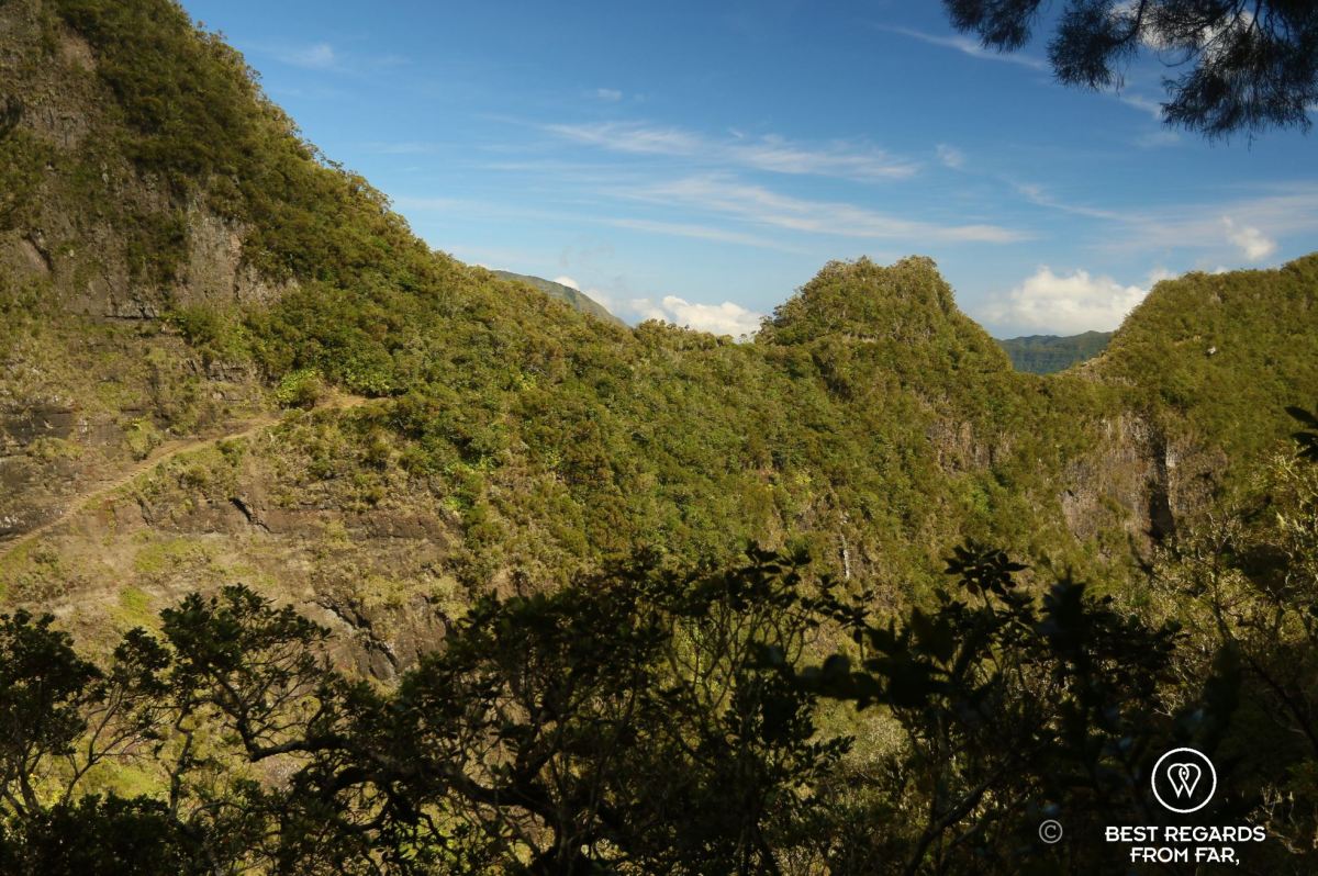 View on the Sentier Scout from the hiking trail on the exclusive multiday hike through the 3 cirques, Reunion Island. It goes along a steep mountain slope to a ridgeline.