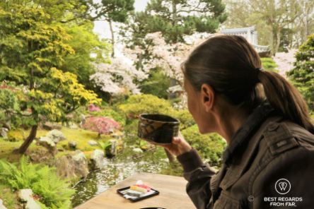 Savoring a green matcha at the Japanese Tea Garden, San Francisco, California, USA