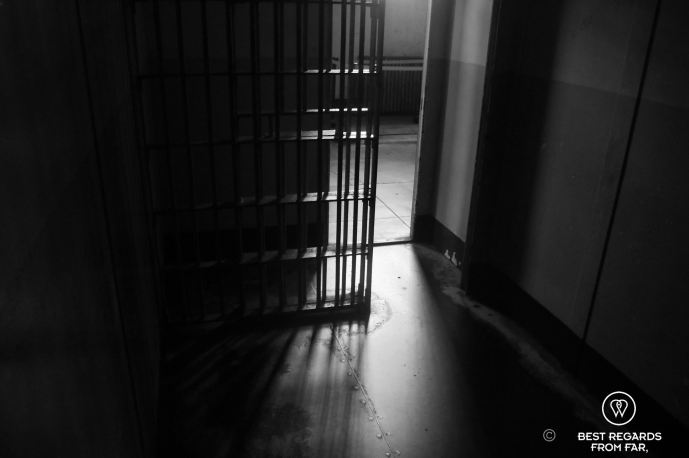 Inside the cell of the dark D-block in Alcatraz, San Francisco, USA