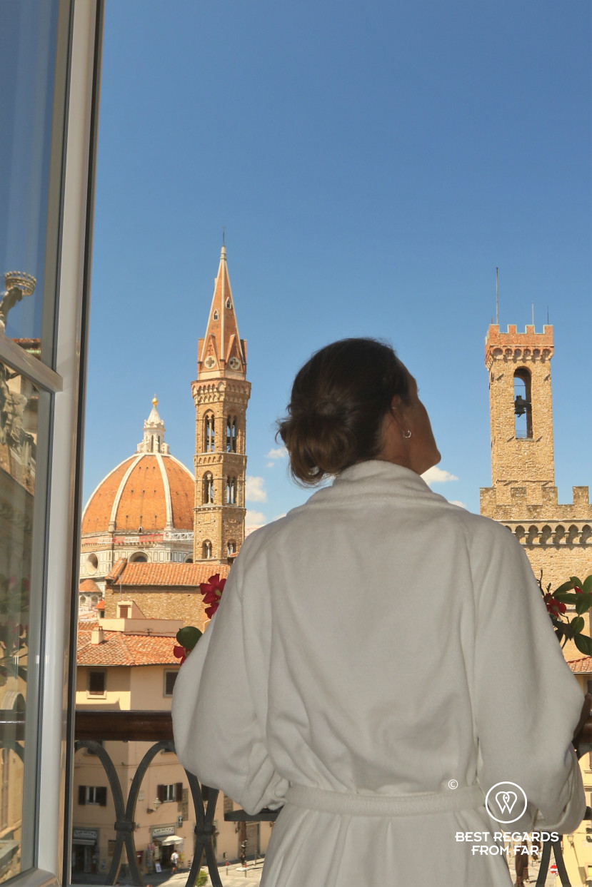 Enjoying the view on Florence from the room of the Bernini Palace, Italy