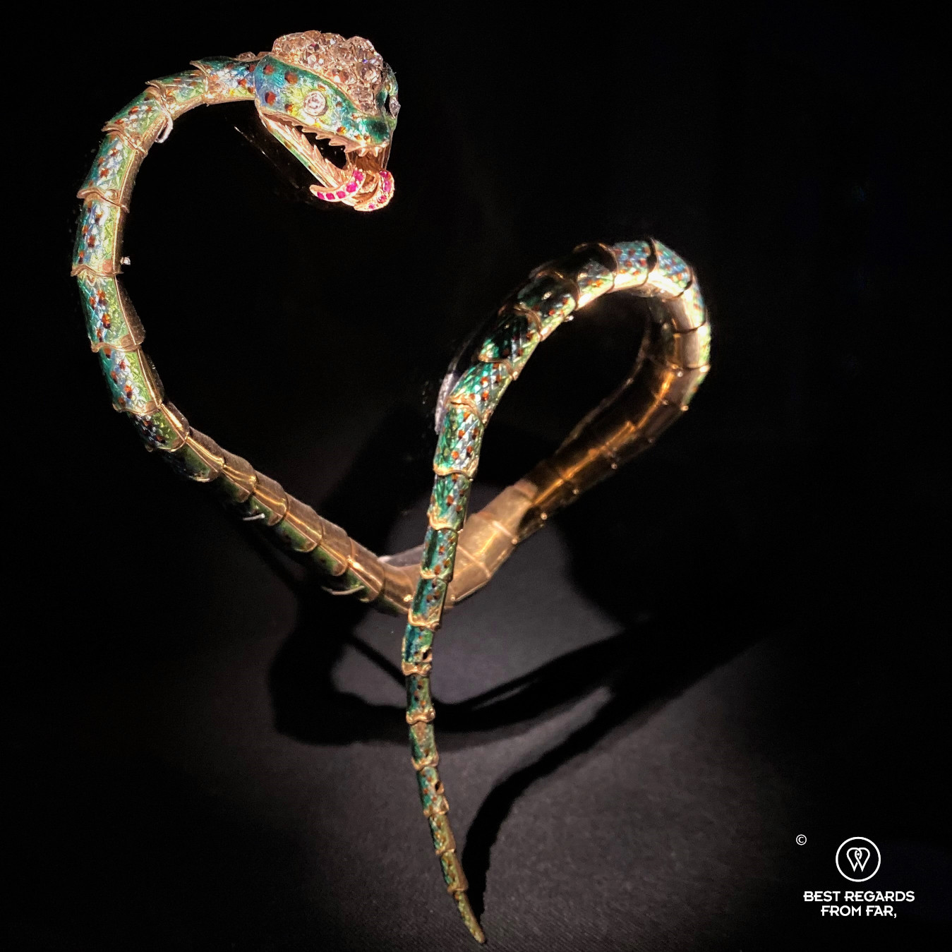 Gold enamel ruby diamond snake bracelet from France at DIVA, Antwerp
